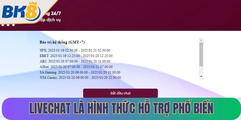 Livechat là một trong những hình thức hỗ trợ phổ biến trên website của BK8